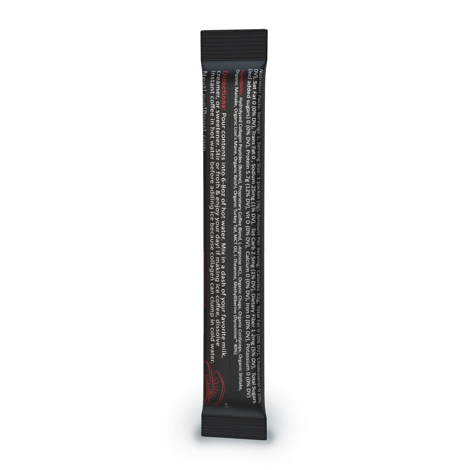Next Level Boost Energy Boost instant mushroom coffee stick pack back of packaging with ingredients and directions.