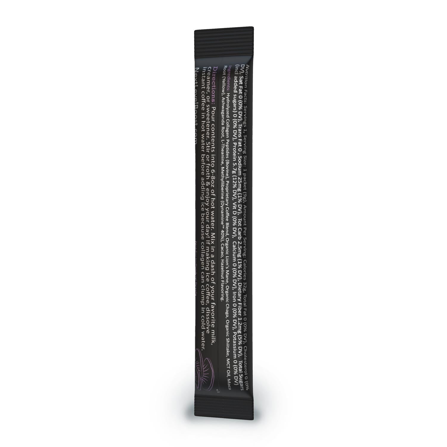 Next Level Boost Focus Boost instant mushroom coffee stick pack back of packaging with ingredients and directions.