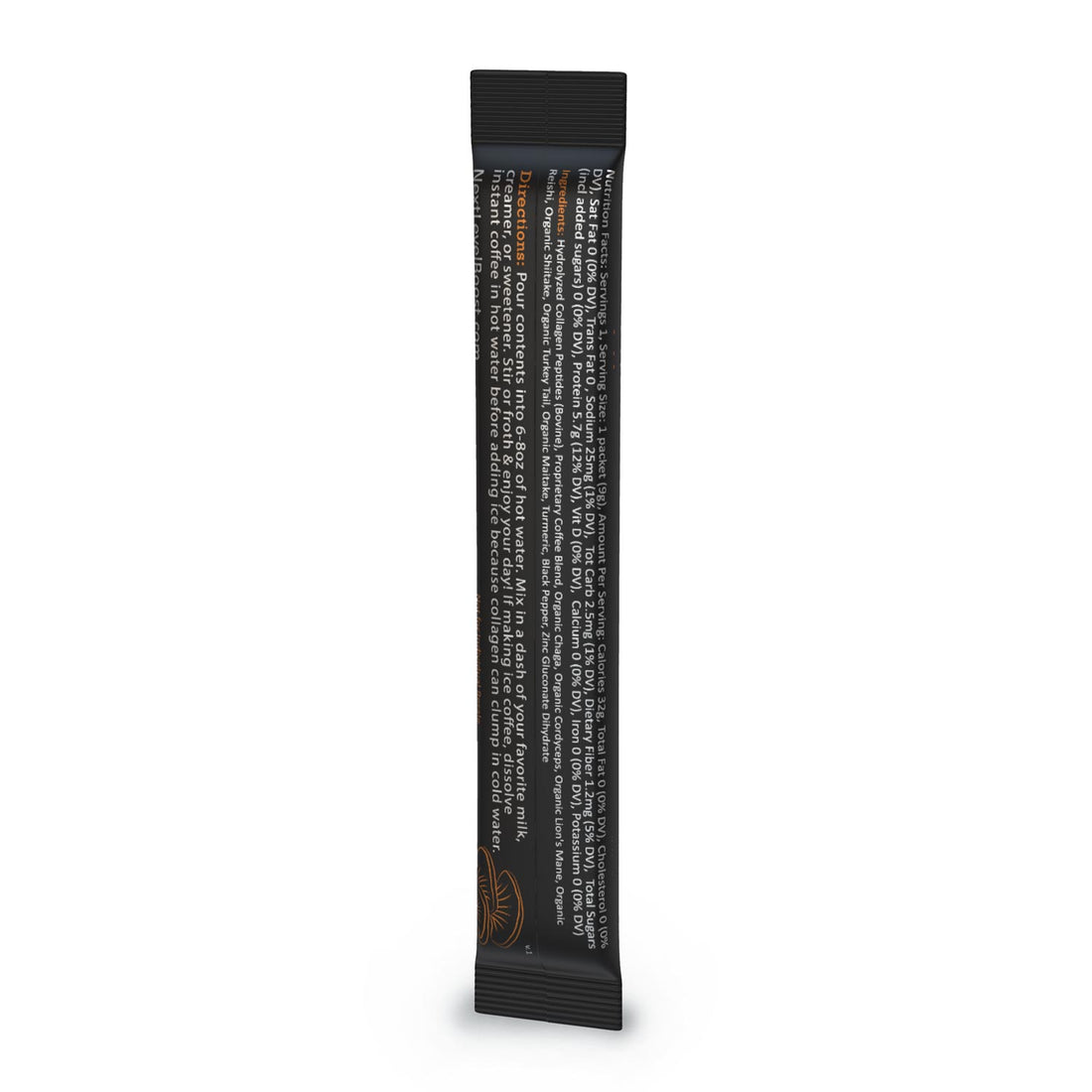 Next Level Boost Immunity Boost instant mushroom coffee stick pack back of packaging with ingredients and directions.