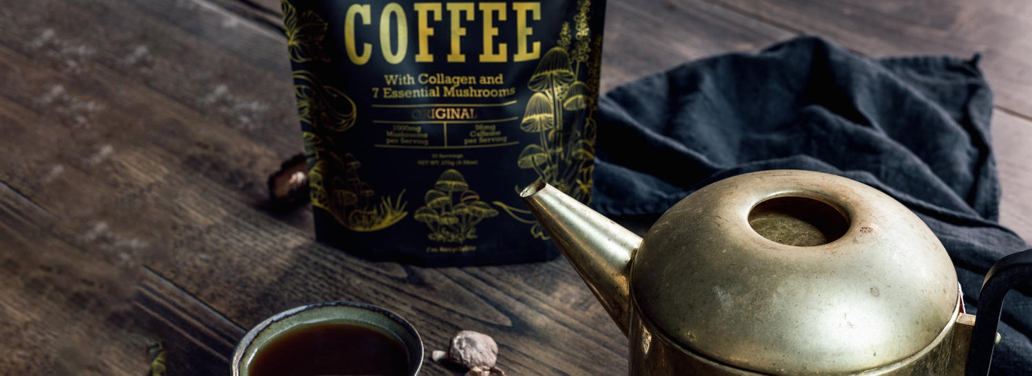 Kettle next to a package of Next Level Boost mushroom coffee.