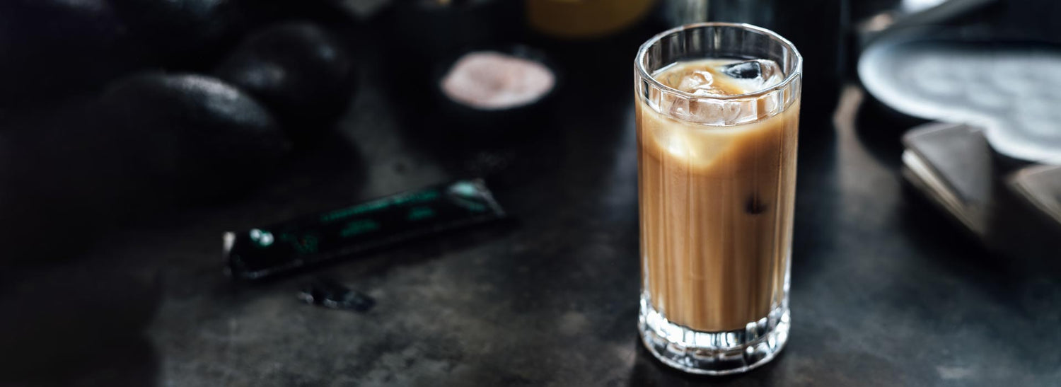 Iced mushroom coffee beverage prepared using Next Level Boost instant coffee.