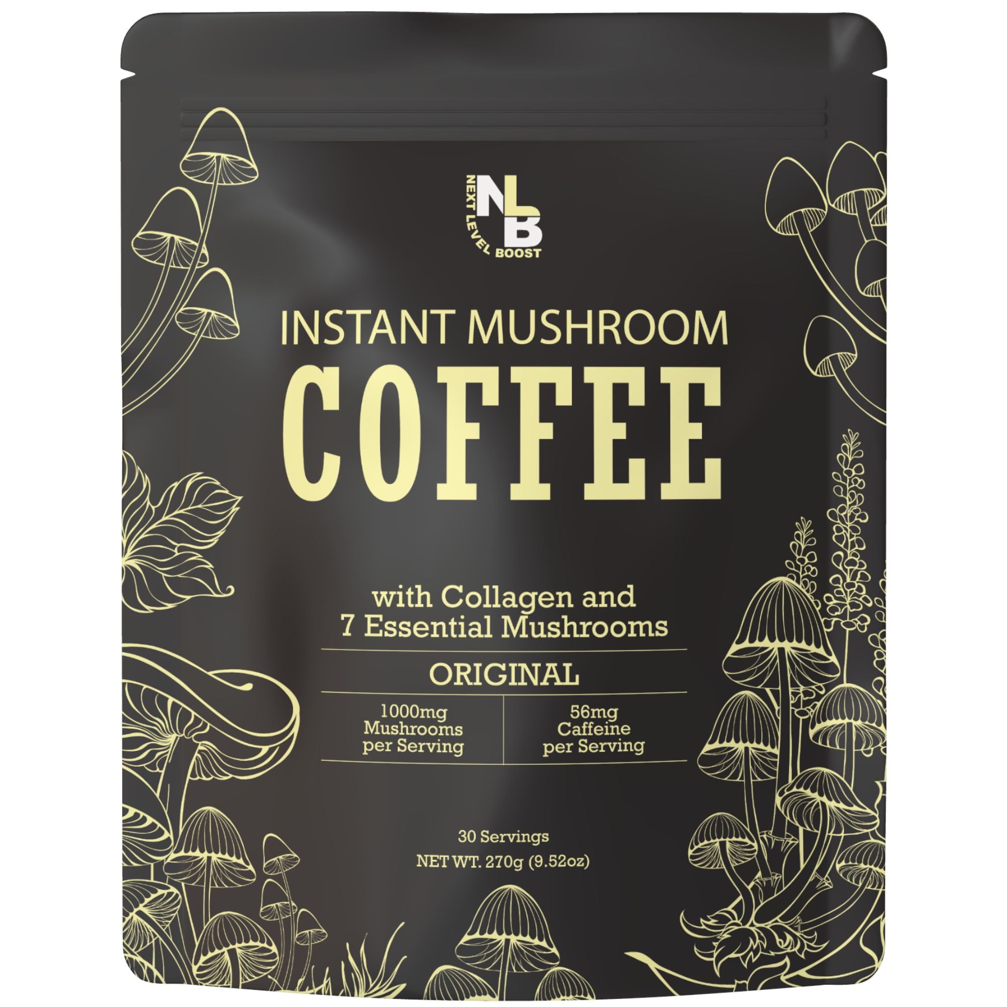 Organic instant mushroom coffee original blend with gold text and illustrations on black packaging