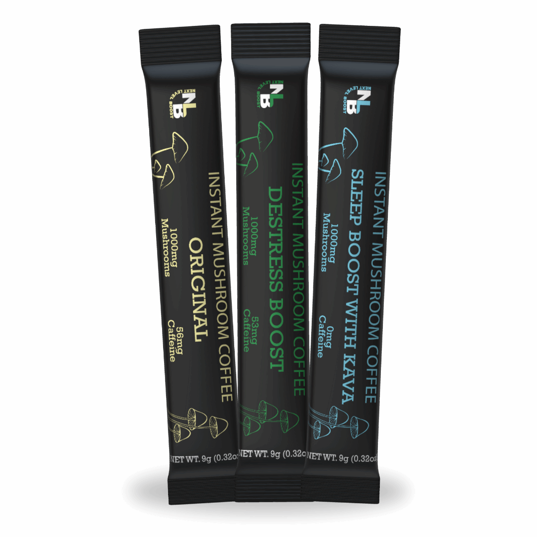 Three free instant mushroom coffee sample packets on a white background