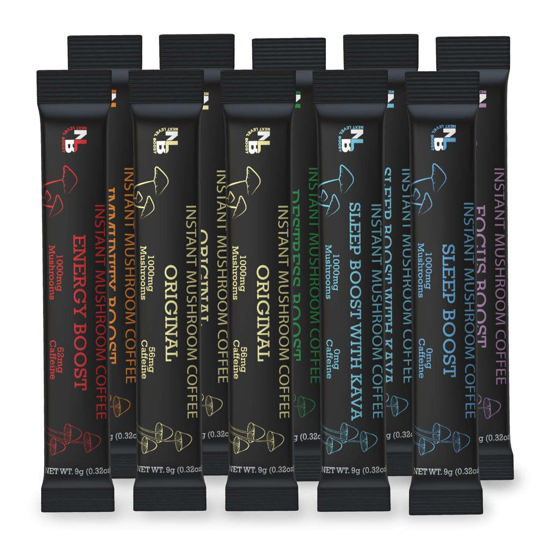 Variety pack of 10 instant mushroom coffee sticks from Next Level Boost, with functional blends for daily wellness.
