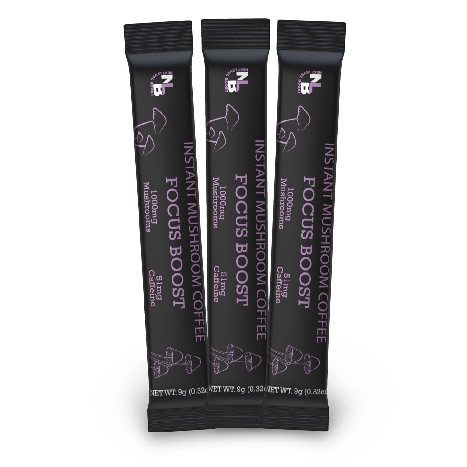 Three-stick sample pack of Next Level Boost Focus Boost instant mushroom coffee.