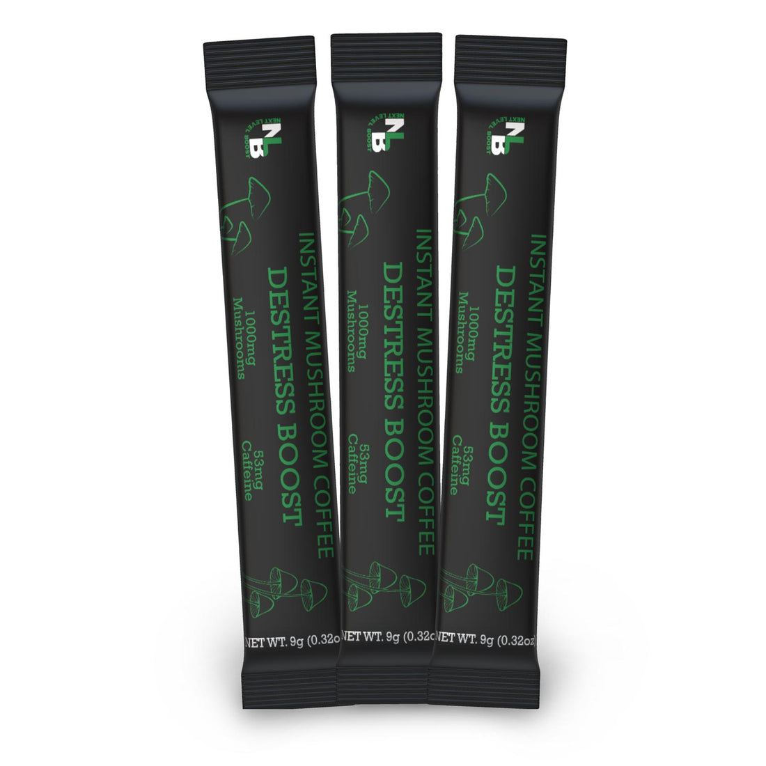 Three-stick sample pack of Next Level Boost Destress Boost instant mushroom coffee.