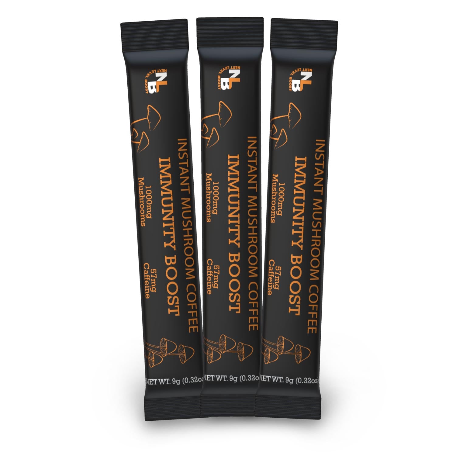 Three-stick sample pack of Next Level Boost Immunity Boost instant mushroom coffee.
