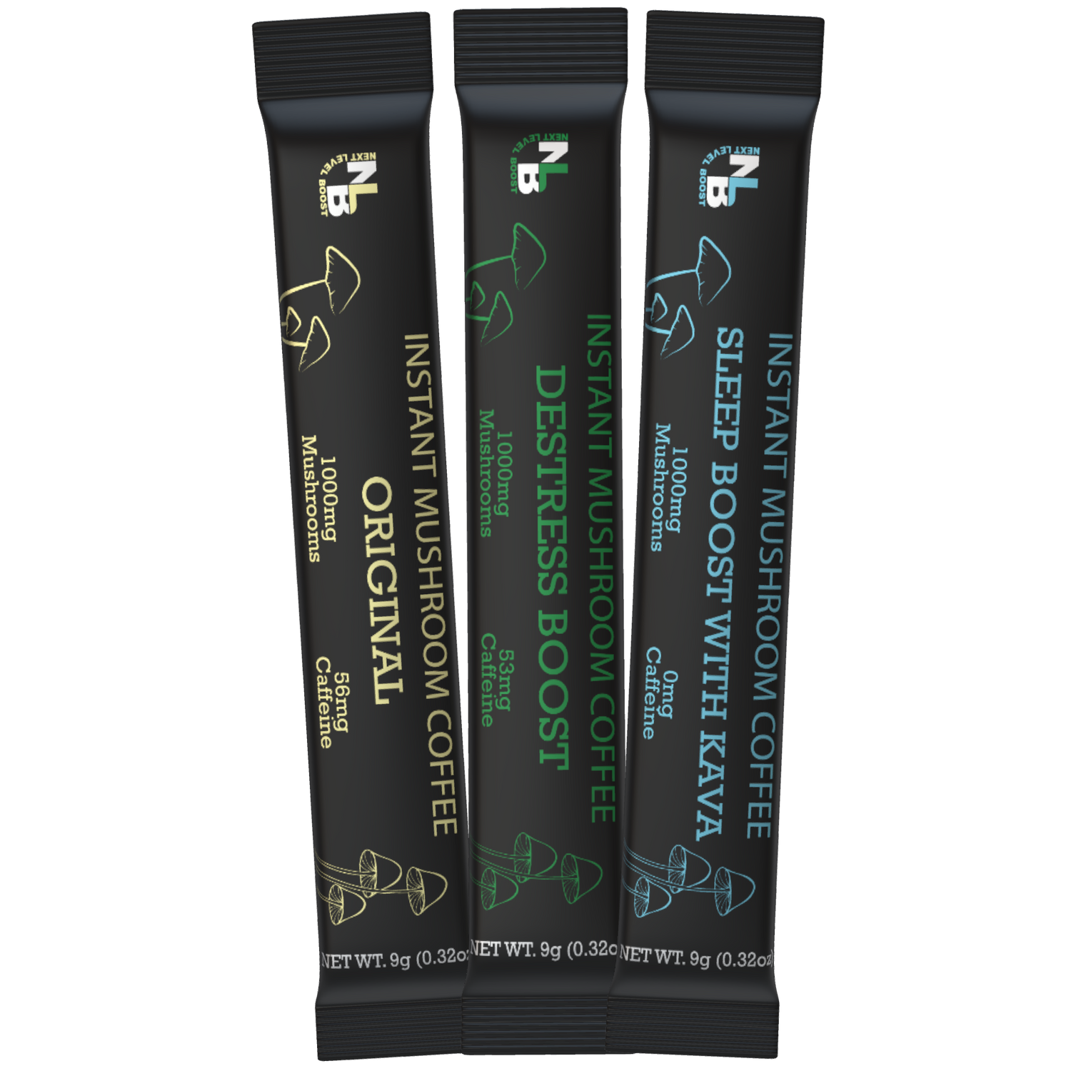 Three black instant mushroom coffee free sample packets with different flavors on a transparent background