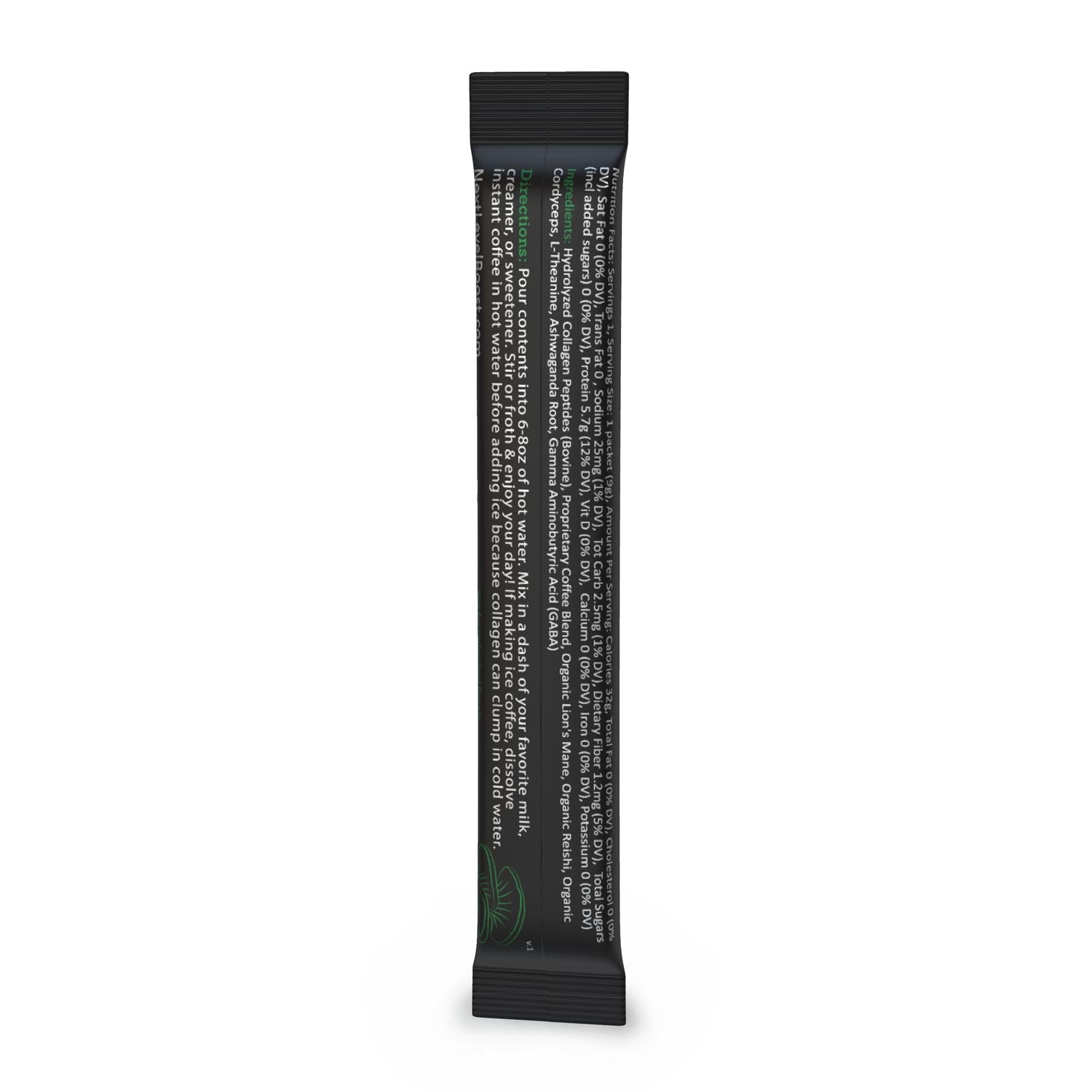 Next Level Boost Destress Boost instant mushroom coffee stick pack back of packaging with ingredients and directions.