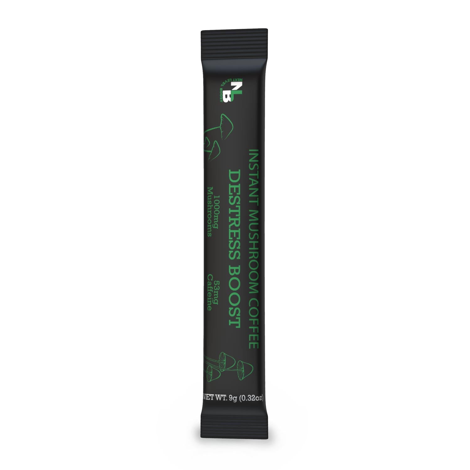 Next Level Boost Destress Boost instant mushroom coffee stick pack front of packaging.