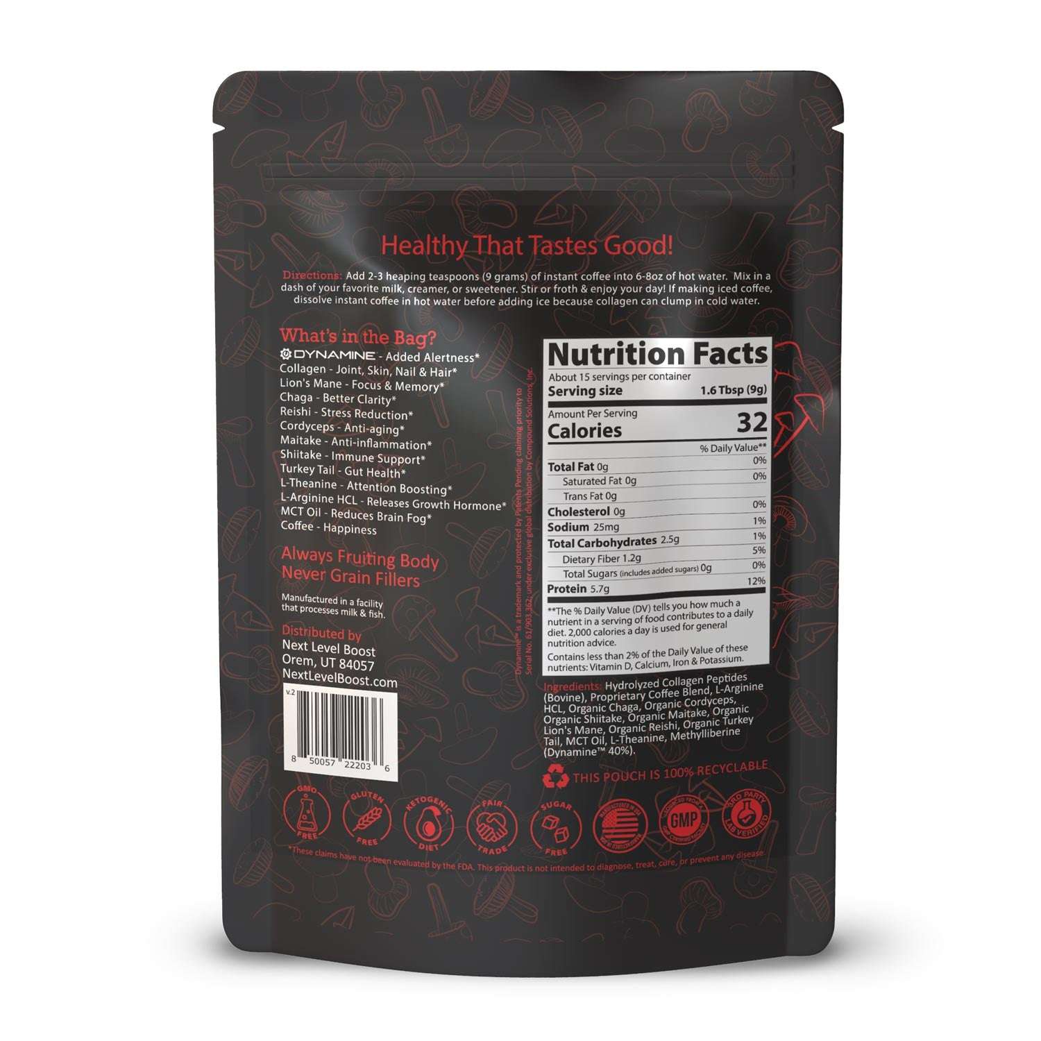 Back of Next Level Boost Energy Boost mushroom coffee package showing ingredients and nutrition facts panel