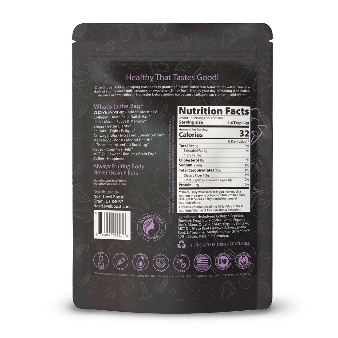 Back of Next Level Boost Focus Boost mushroom coffee package showing ingredients and nutrition facts panel
