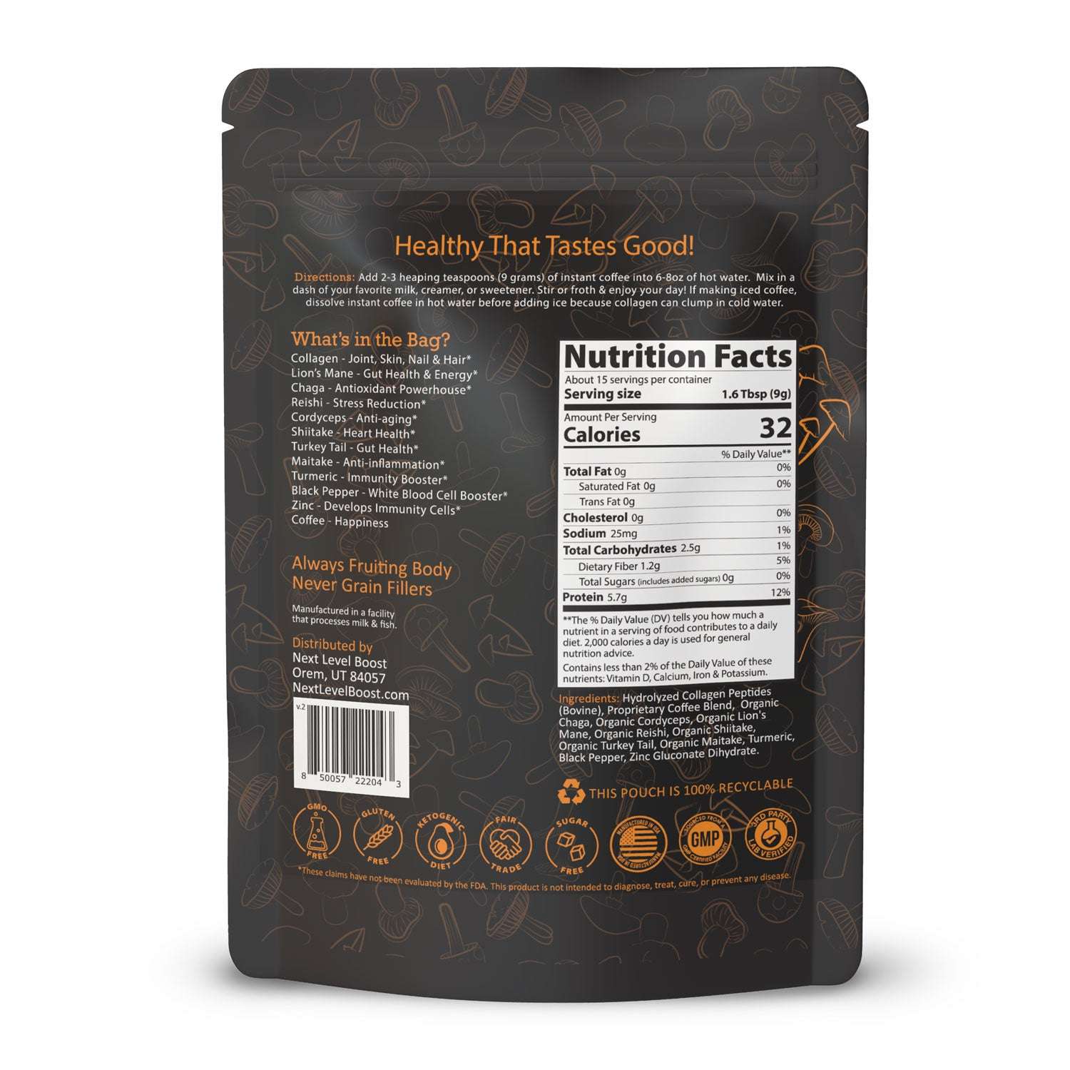 Back of Next Level Boost Immunity Boost mushroom coffee package showing ingredients and nutrition facts panel
