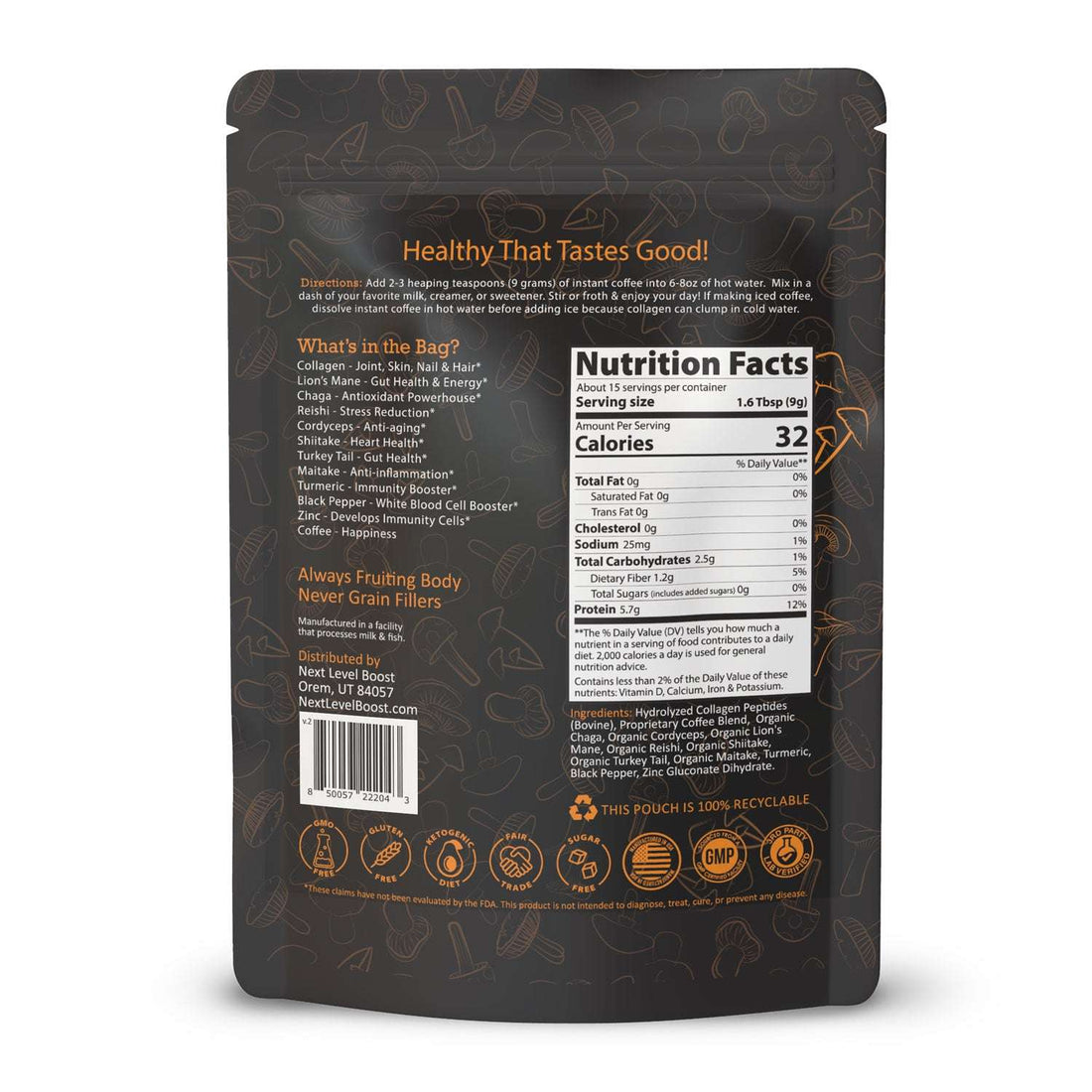 Back of Next Level Boost Immunity Boost mushroom coffee package showing ingredients and nutrition facts panel