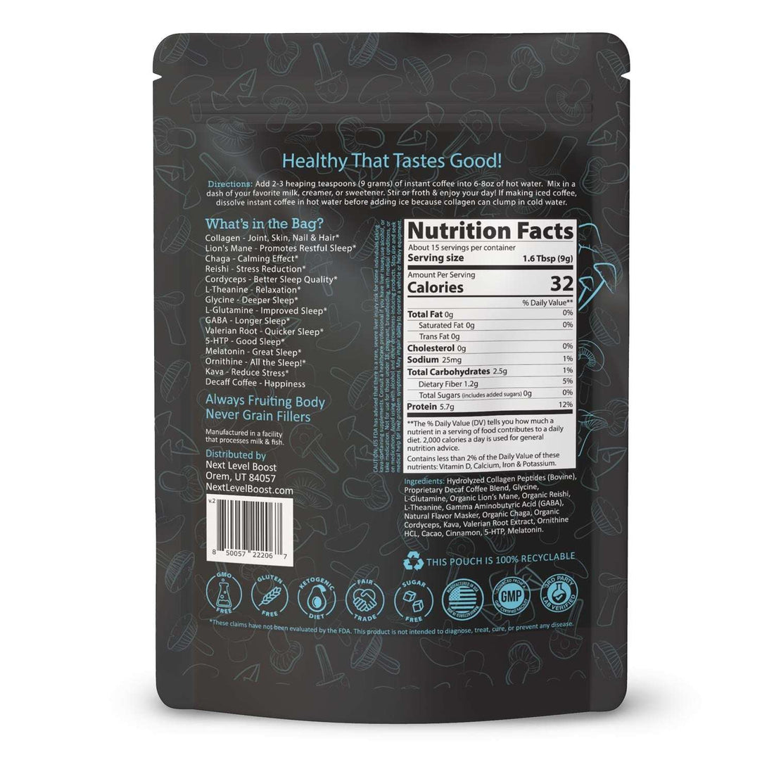 Back of Next Level Boost Sleep Boost with Kava mushroom coffee package showing ingredients and nutrition facts panel