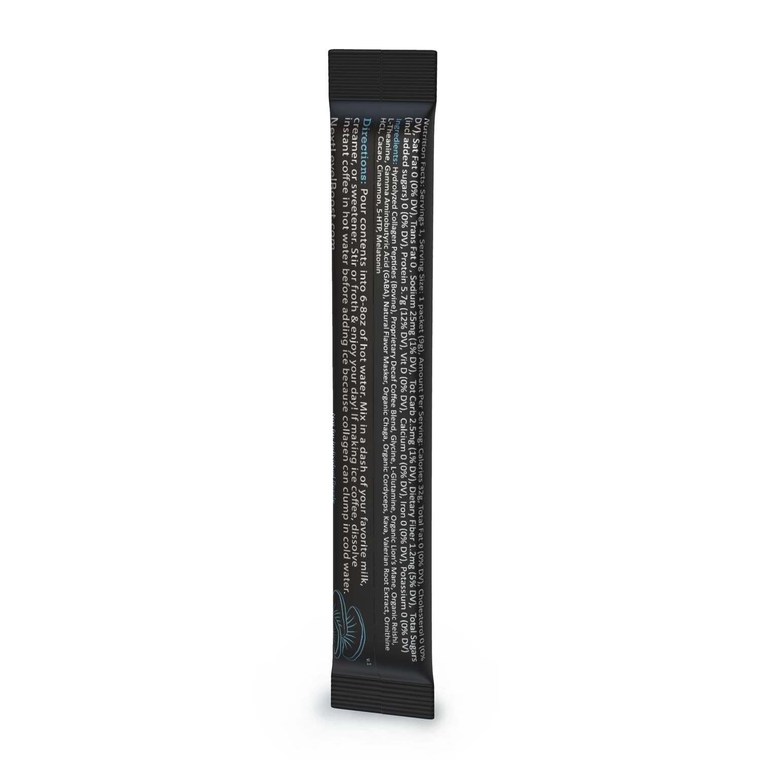 Next Level Boost Sleep with Kava Boost instant mushroom coffee stick pack back of packaging with ingredients and directions.