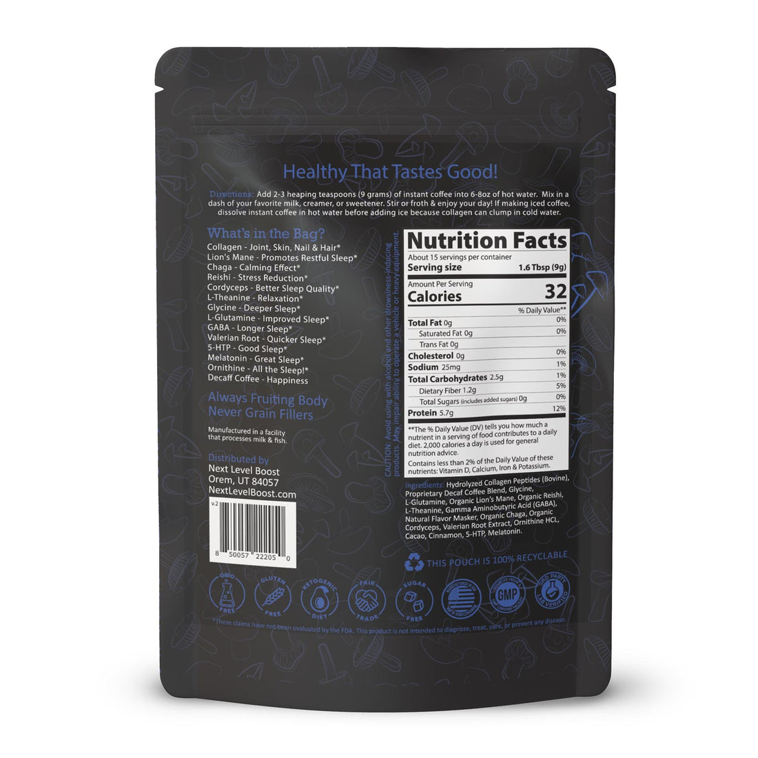 Back of Next Level Boost Sleep Boost mushroom coffee package showing ingredients and nutrition facts panel