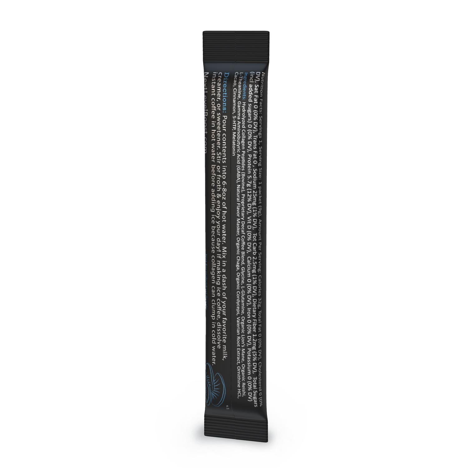 Next Level Boost Sleep Boost instant mushroom coffee stick pack back of packaging with ingredients and directions.