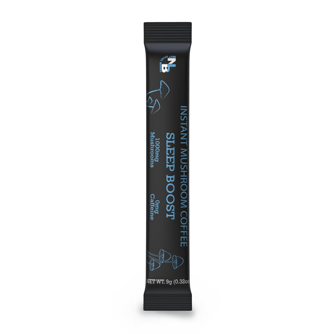 Next Level Boost Sleep Boost instant mushroom coffee stick pack front of packaging.