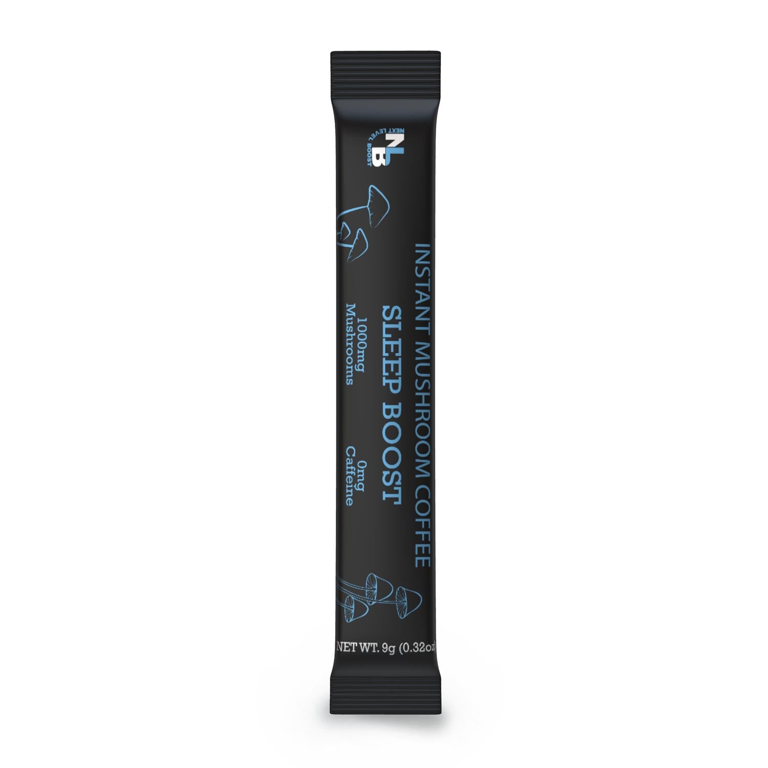 Next Level Boost Sleep Boost instant mushroom coffee stick pack front of packaging.