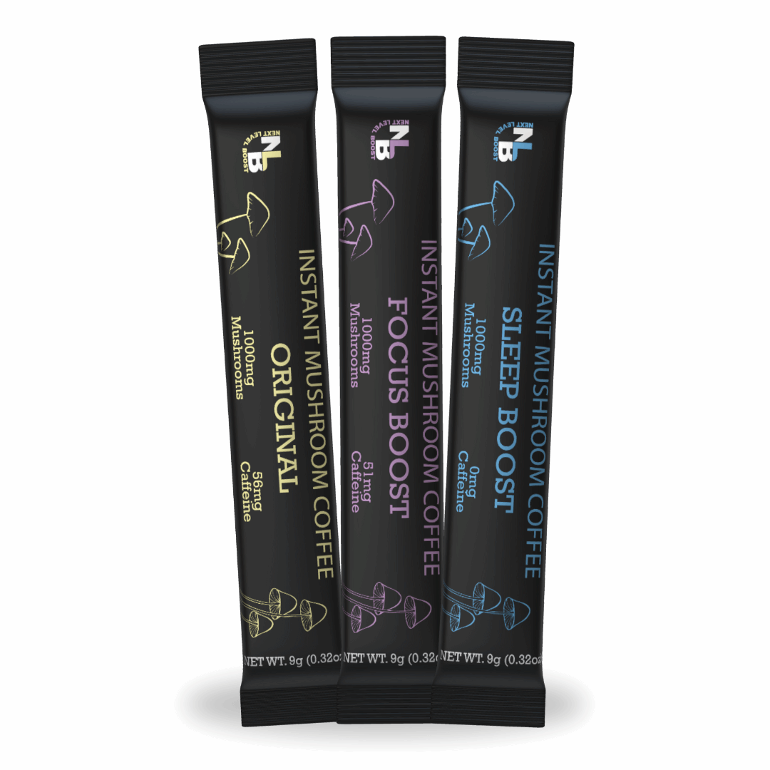 Three free instant mushroom coffee sample packets on a white background