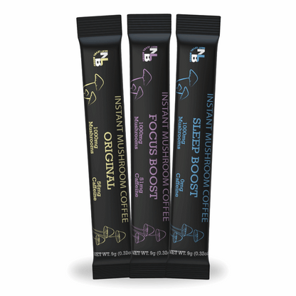 Three free instant mushroom coffee sample packets on a white background