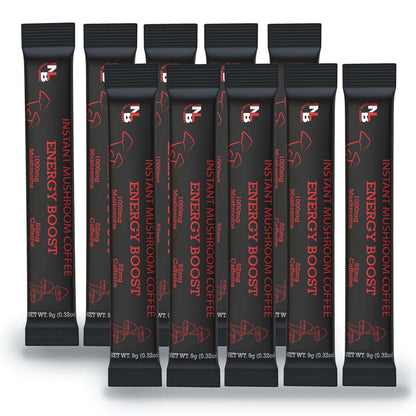 Ten individual stick packs of Energy Instant Mushroom Coffee, each with a red and black color scheme and text indicating the product name and weight.