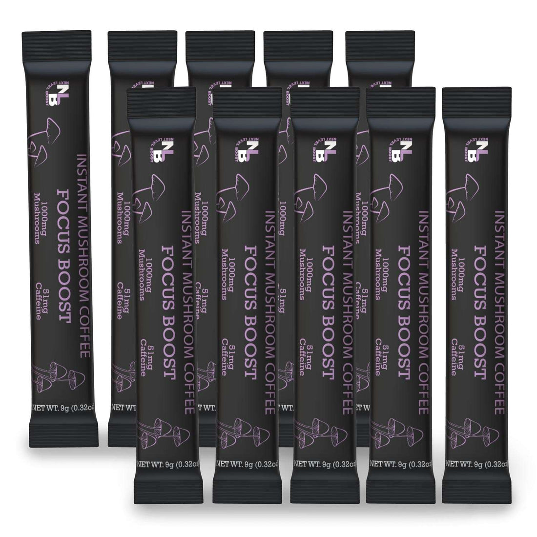 A collection of ten stick packs of Focus Instant Mushroom Coffee, with branding and product information displayed on the packaging.
