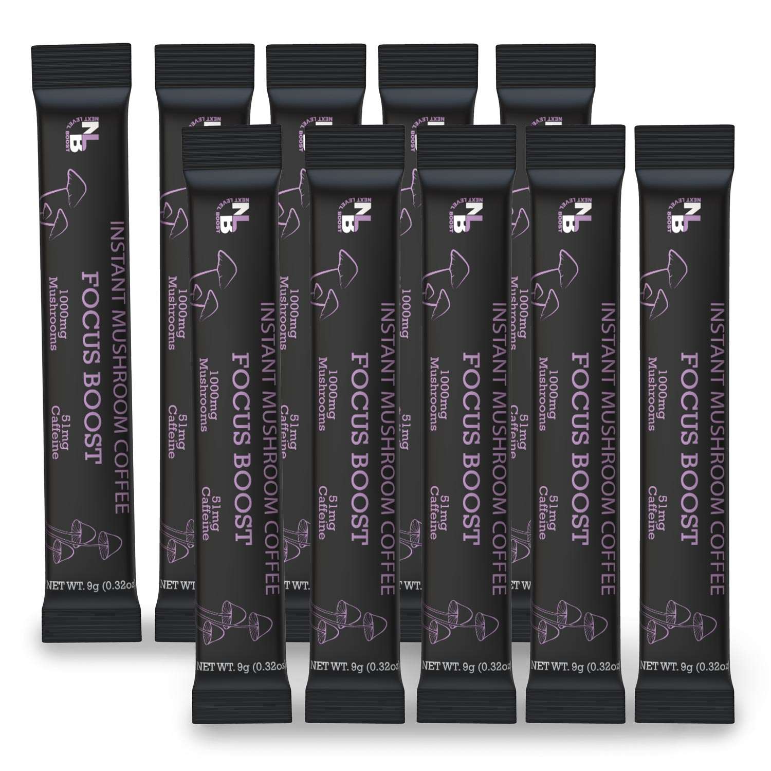 A collection of ten stick packs of Focus Instant Mushroom Coffee, with branding and product information displayed on the packaging.