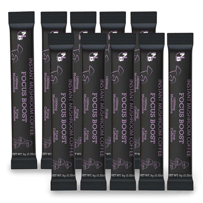A collection of ten stick packs of Focus Instant Mushroom Coffee, with branding and product information displayed on the packaging.