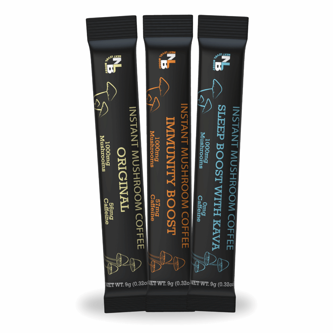 Three free instant mushroom coffee sample packets on a white background