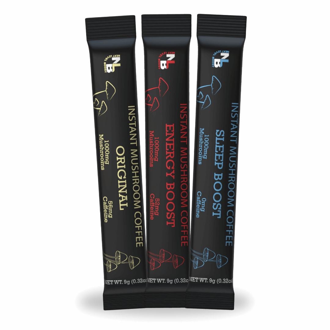 Three free instant mushroom coffee sample packets on a white background