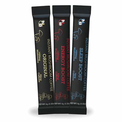 Three free instant mushroom coffee sample packets on a white background