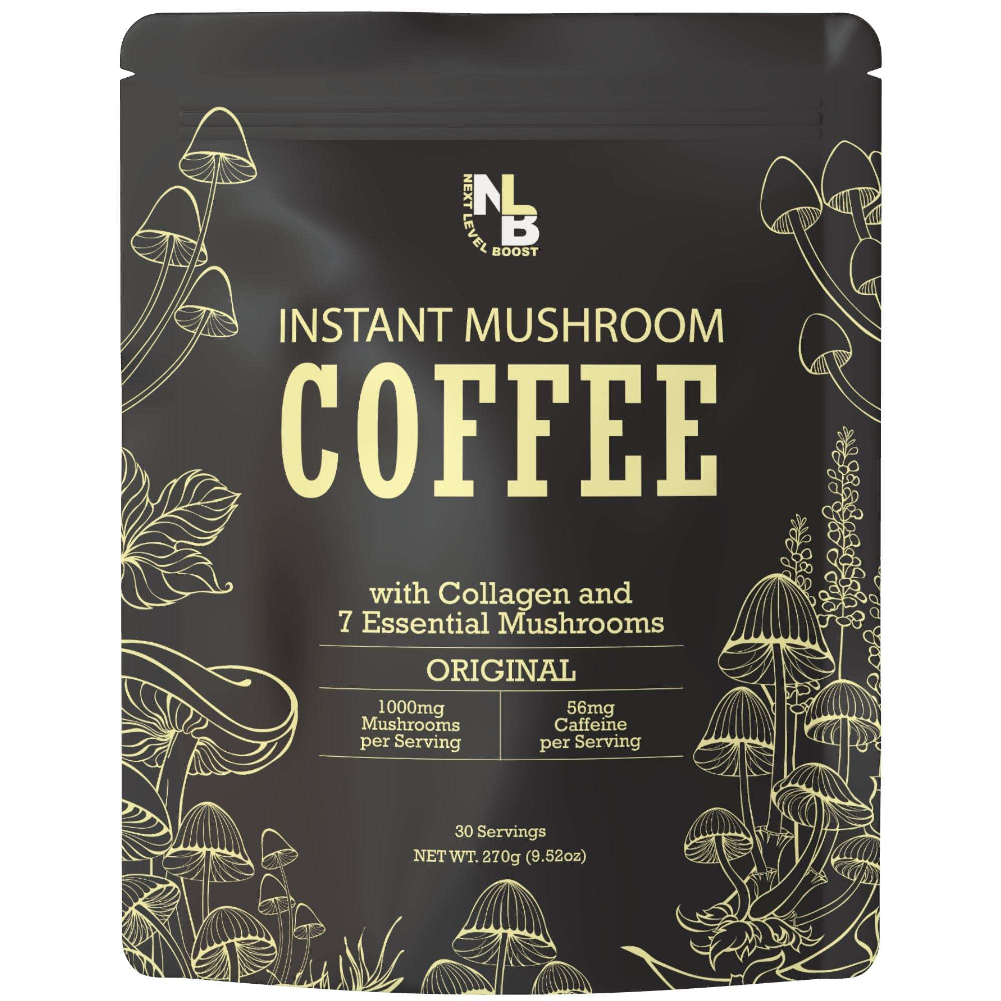 Organic instant mushroom coffee original blend with gold text and illustrations on black packaging