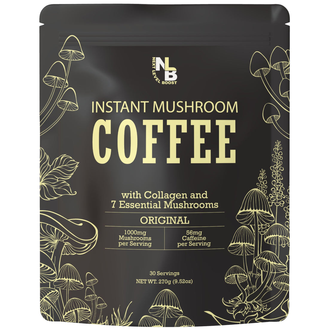 Organic instant mushroom coffee original blend with gold text and illustrations on black packaging