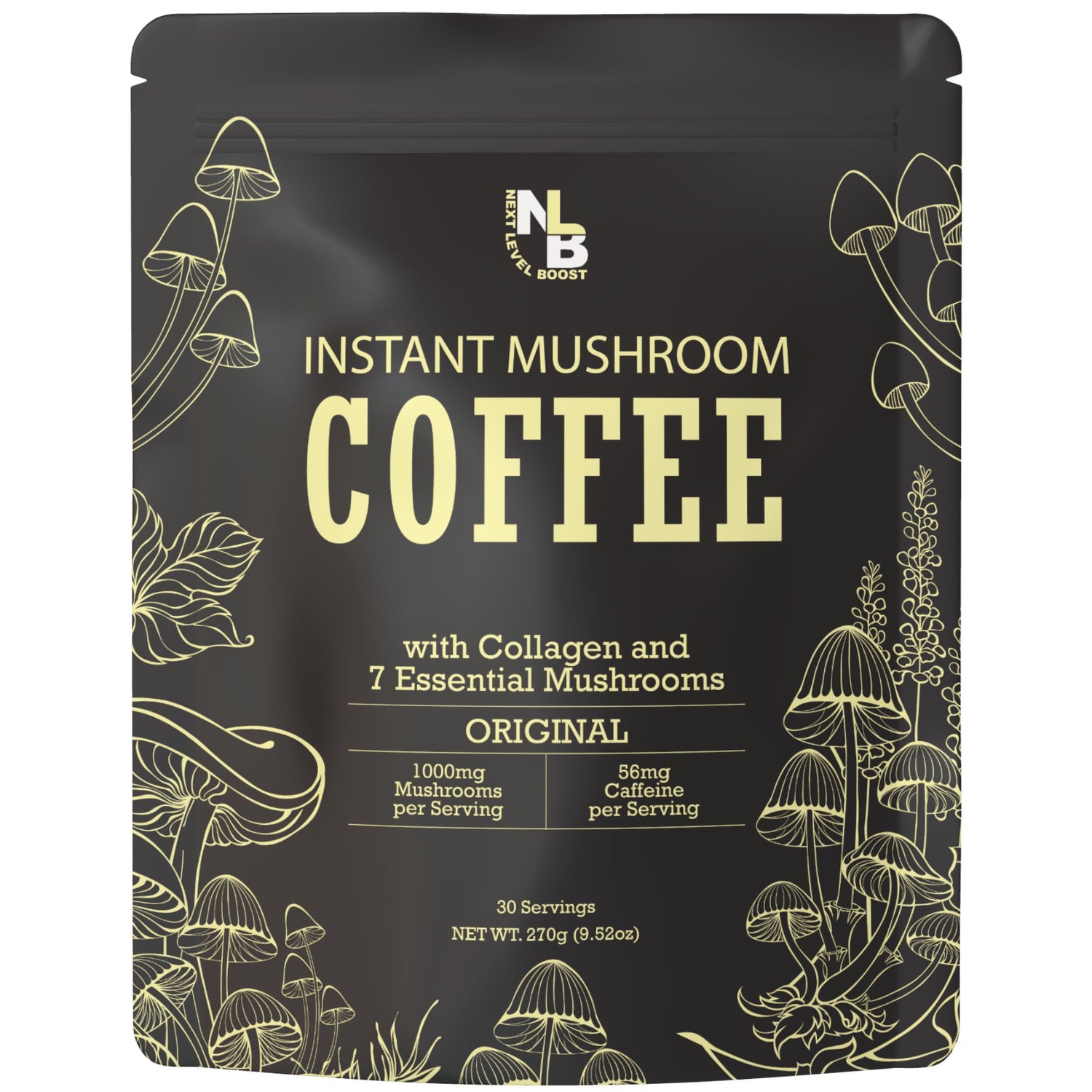 Organic instant mushroom coffee original blend with gold text and illustrations on black packaging