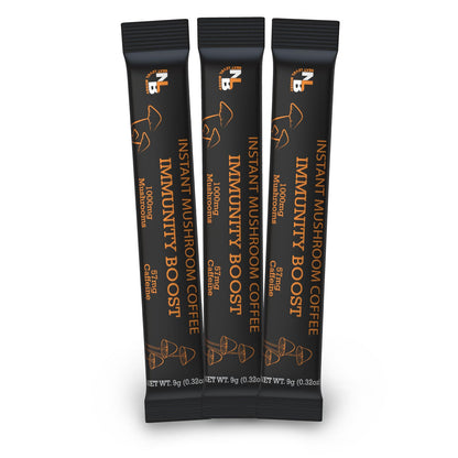 Three-stick sample pack of Next Level Boost Immunity Boost instant mushroom coffee.