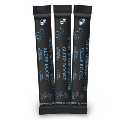 Three-stick sample pack of Next Level Boost Sleep Boost instant mushroom coffee.
