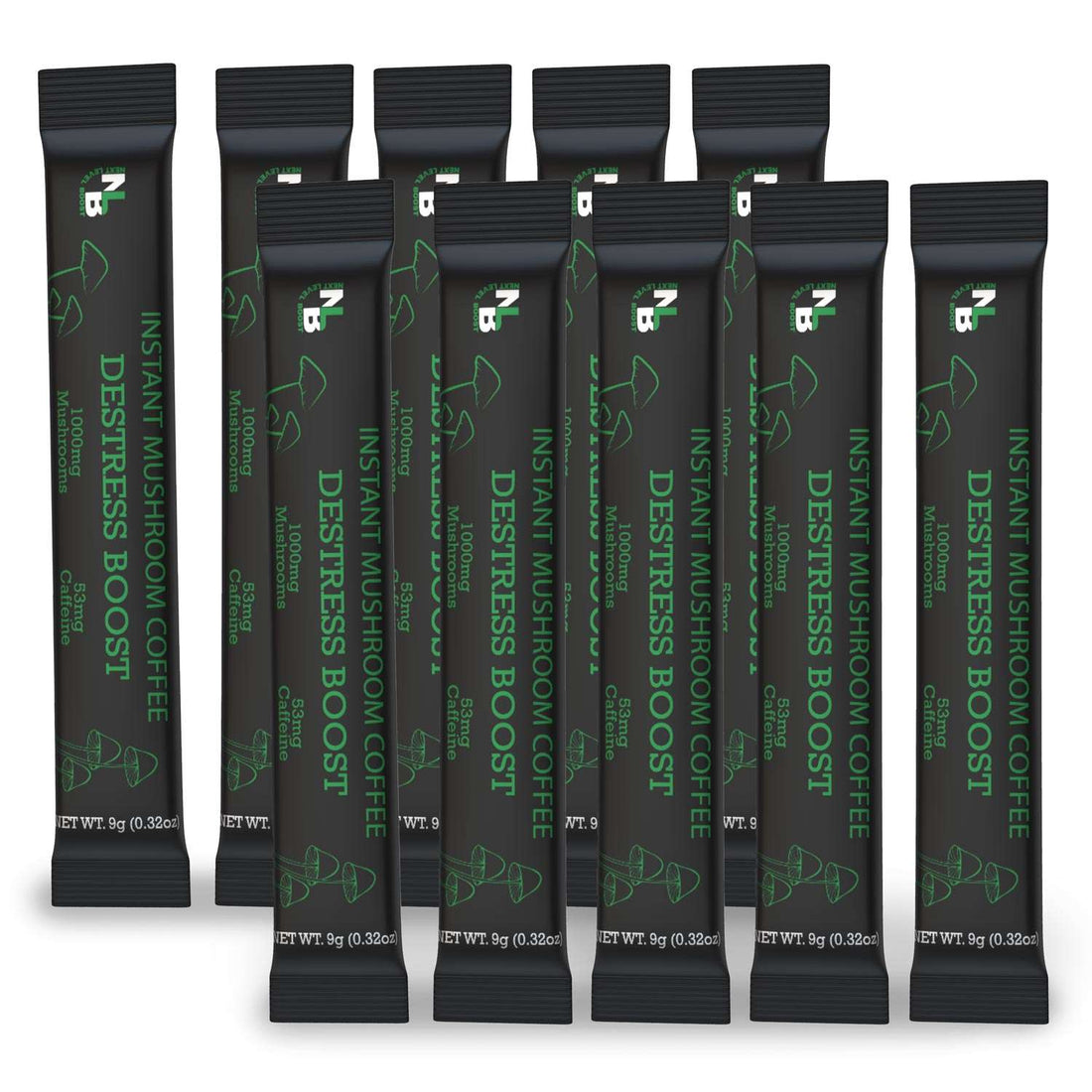 A pack of Destress Boost Instant Mushroom Coffee by Next Level Boost, with ten individual stick packs displayed in a row.