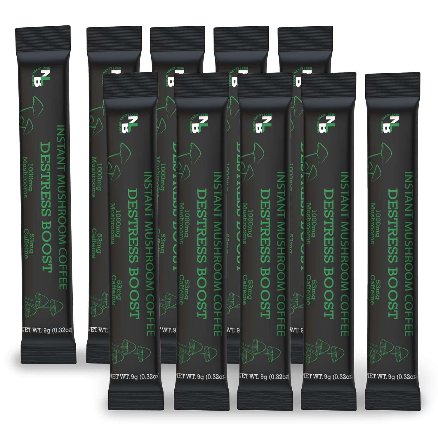A pack of Destress Boost Instant Mushroom Coffee by Next Level Boost, with ten individual stick packs displayed in a row.