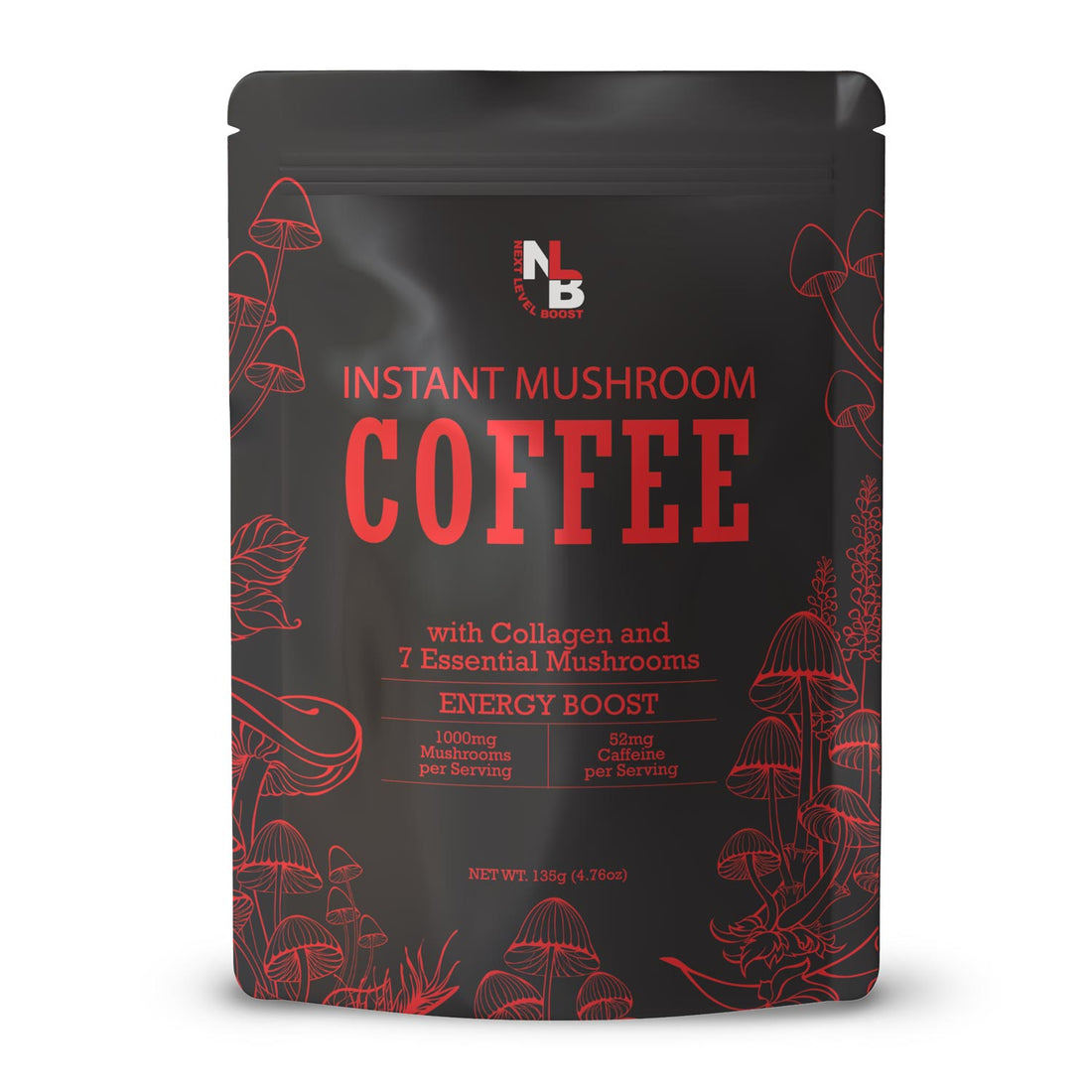 Organic instant mushroom coffee energy blend with gold text and illustrations on black packaging