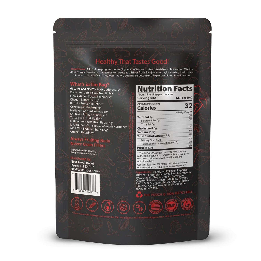 Back of Next Level Boost Energy Boost mushroom coffee package showing ingredients and nutrition facts panel