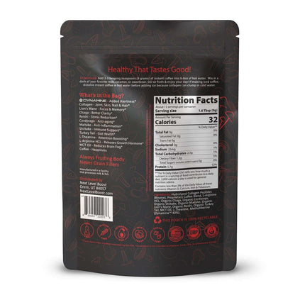 Back of Next Level Boost Energy Boost mushroom coffee package showing ingredients and nutrition facts panel