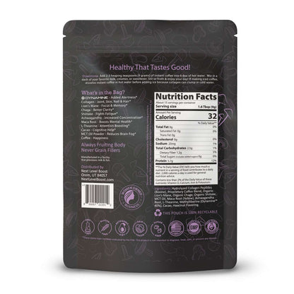 Back of Next Level Boost Focus Boost mushroom coffee package showing ingredients and nutrition facts panel