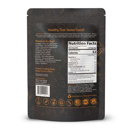Back of Next Level Boost Immunity Boost mushroom coffee package showing ingredients and nutrition facts panel