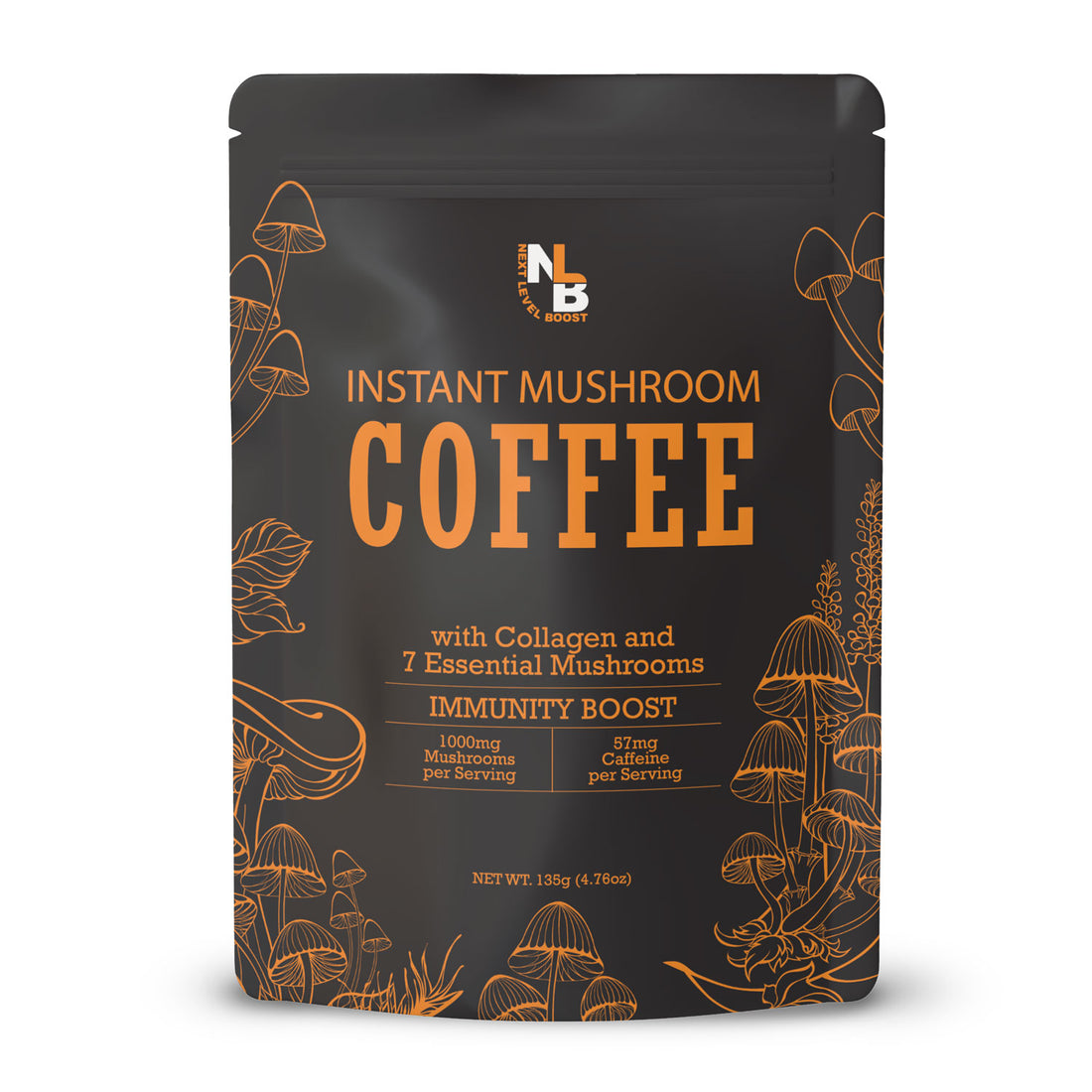 Next Level Boost Immunity Boost mushroom coffee packaging with functional mushrooms like Chaga and Turkey Tail to support immune health and gut balance