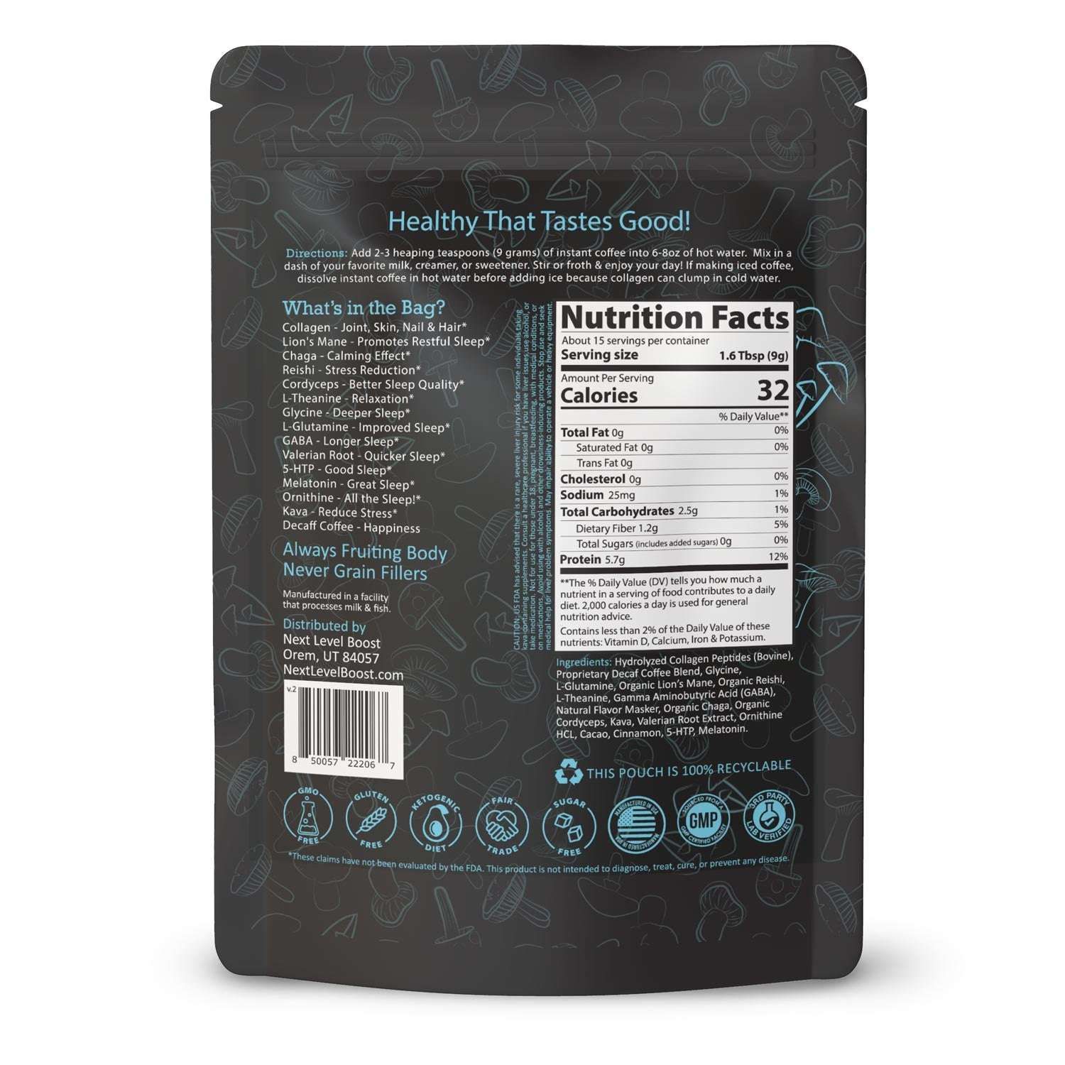 Back of Next Level Boost Sleep Boost with Kava mushroom coffee package showing ingredients and nutrition facts panel