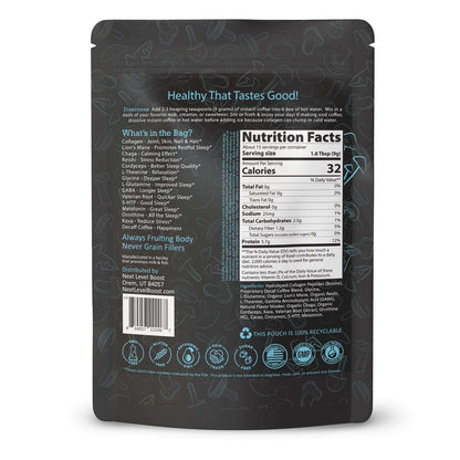 Back of Next Level Boost Sleep Boost with Kava mushroom coffee package showing ingredients and nutrition facts panel