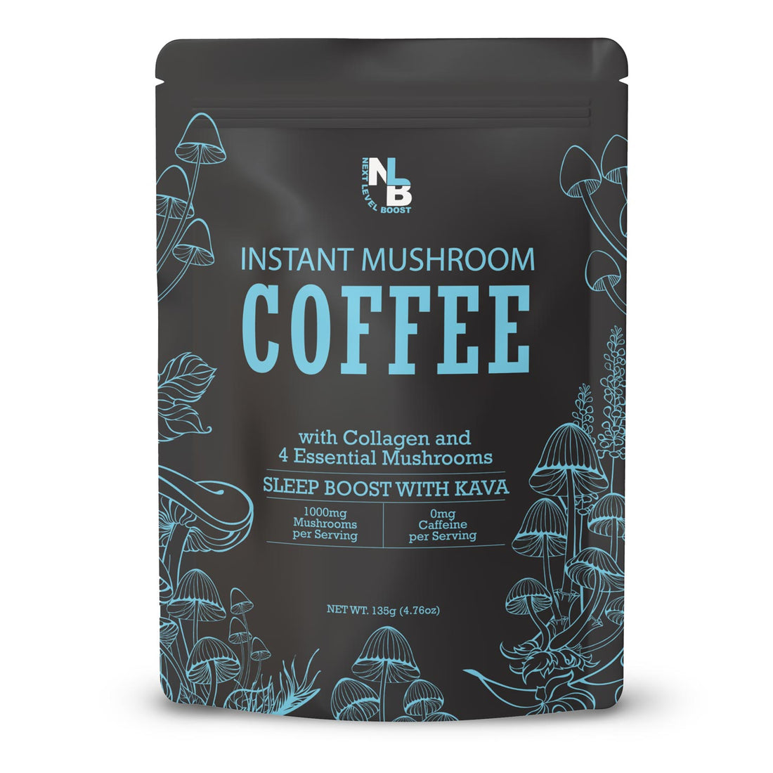 Blue and black packaging of Next Level Boost Sleep Boost mushroom coffee with Kava and functional mushrooms for relaxation and better sleep