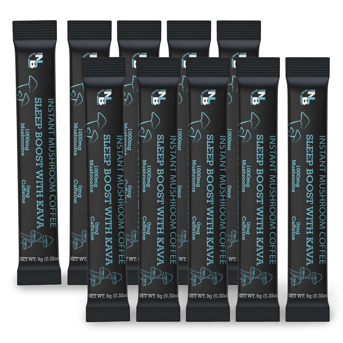 A collection of ten stick packs of Sleep with Kava Instant Mushroom Coffee, each labeled with the product name and branding.